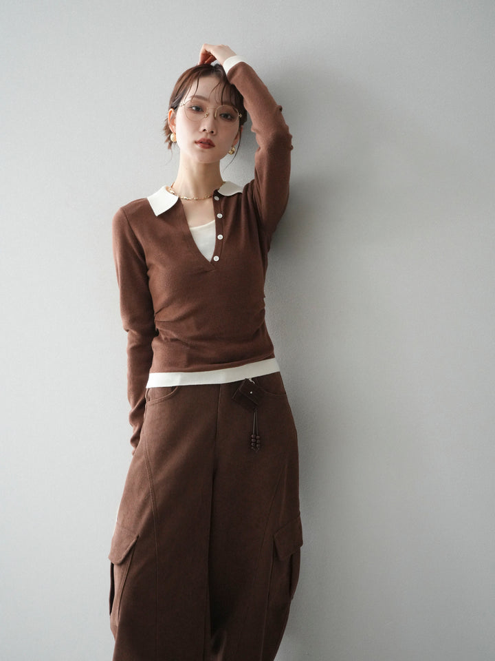 [予約]レイヤード配色ポロニットトップス/brown