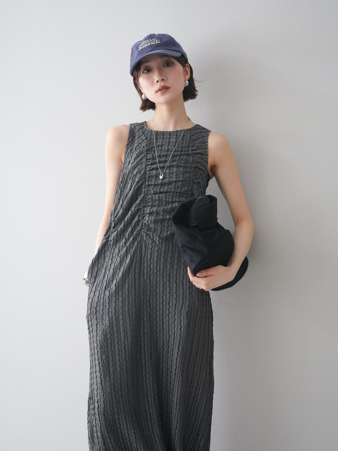 [予約]シャーリングジャガードノースリーブワンピース/gray