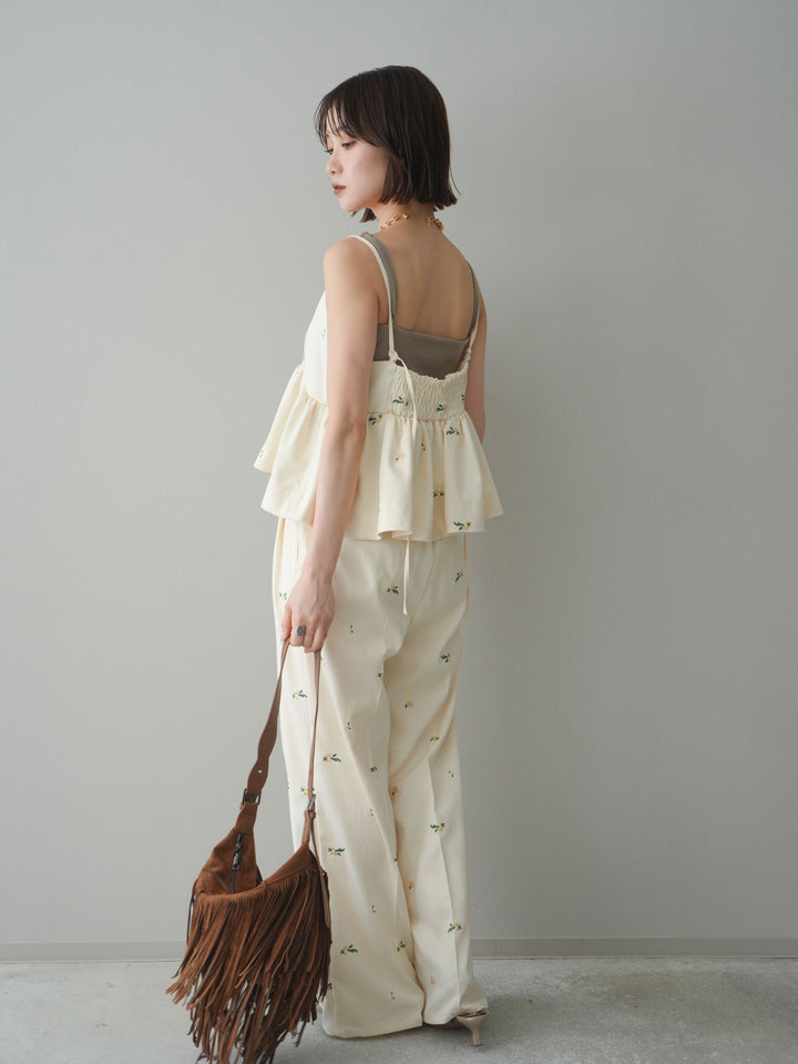 [SET]フラワー刺繍ビスチェ+フラワー刺繍タックパンツ(2set)