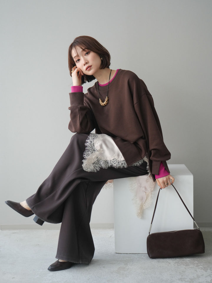 [SET]配色レイヤードデザインスエットプルオーバー+アシンメトリーサテンレースキャミソール(2set)