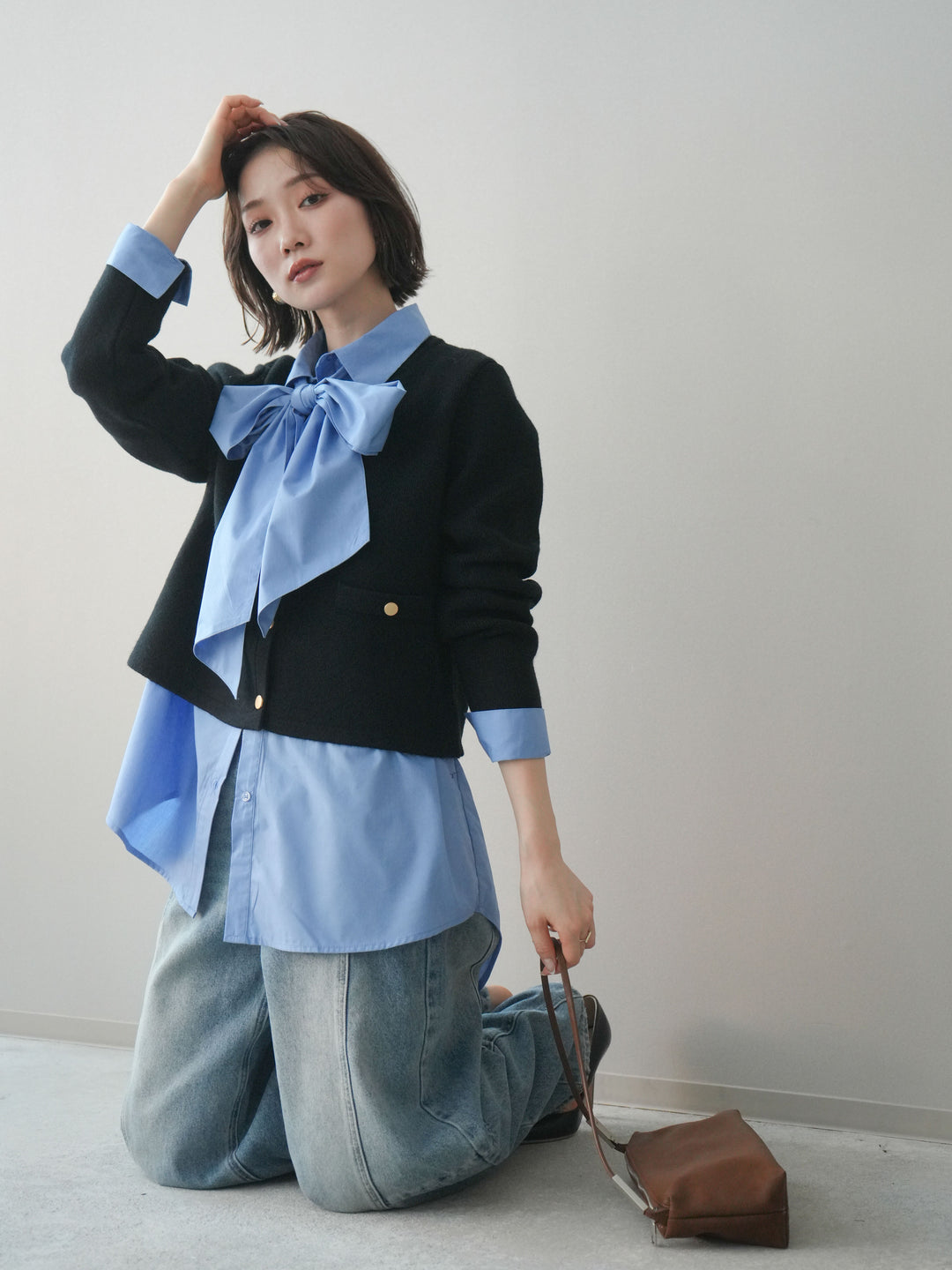 [SET]ゴールドボタンノーカラーニットジャケット+選べるアクセセット(2set)