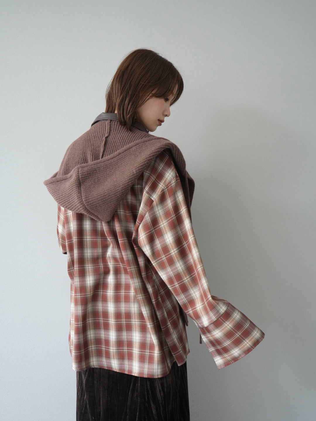 [予約]レザー襟オンブレチェックオーバーシャツ /レッド