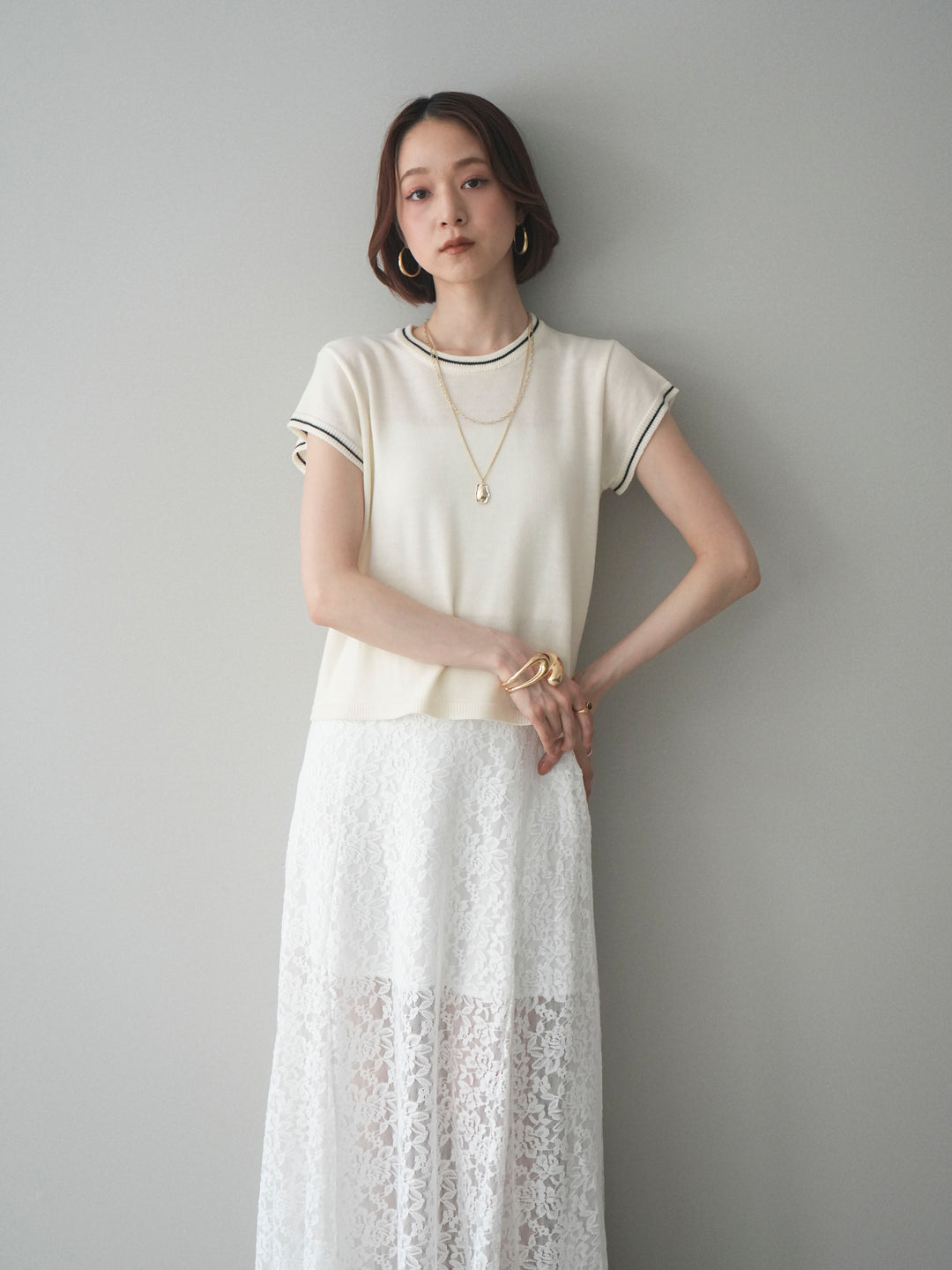 [SET]配色ハーフスリーブニットトップス+配色ハーフスリーブニットトップス(2set)