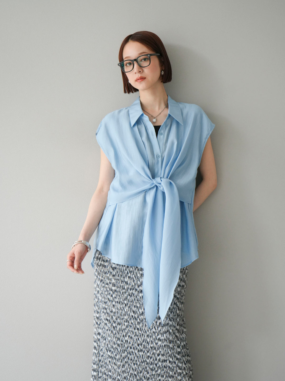 [SET]フロントタイシアーブラウス+マルチカラーランダムプリーツタイトスカート(2set)