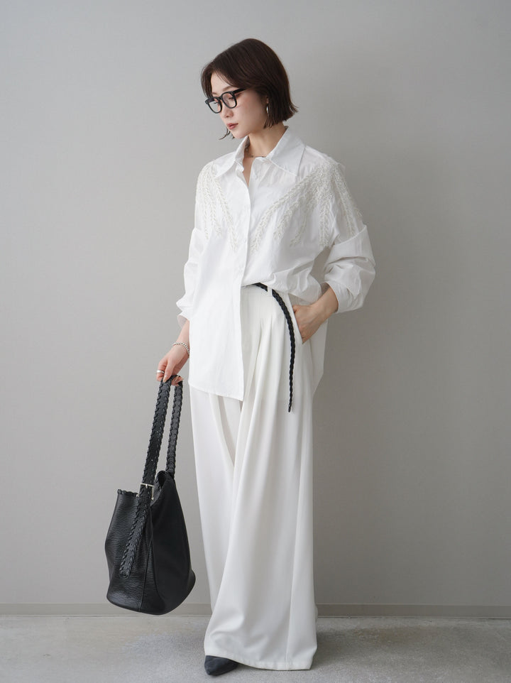 [予約]編み込みベルト付タックワイドパンツ/white