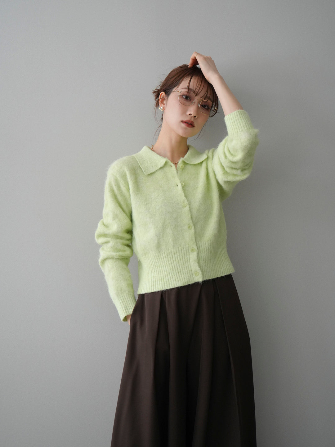 [SET]モヘア衿付きボタンプルオーバー+テープベルトタックバギーパンツ(2set)