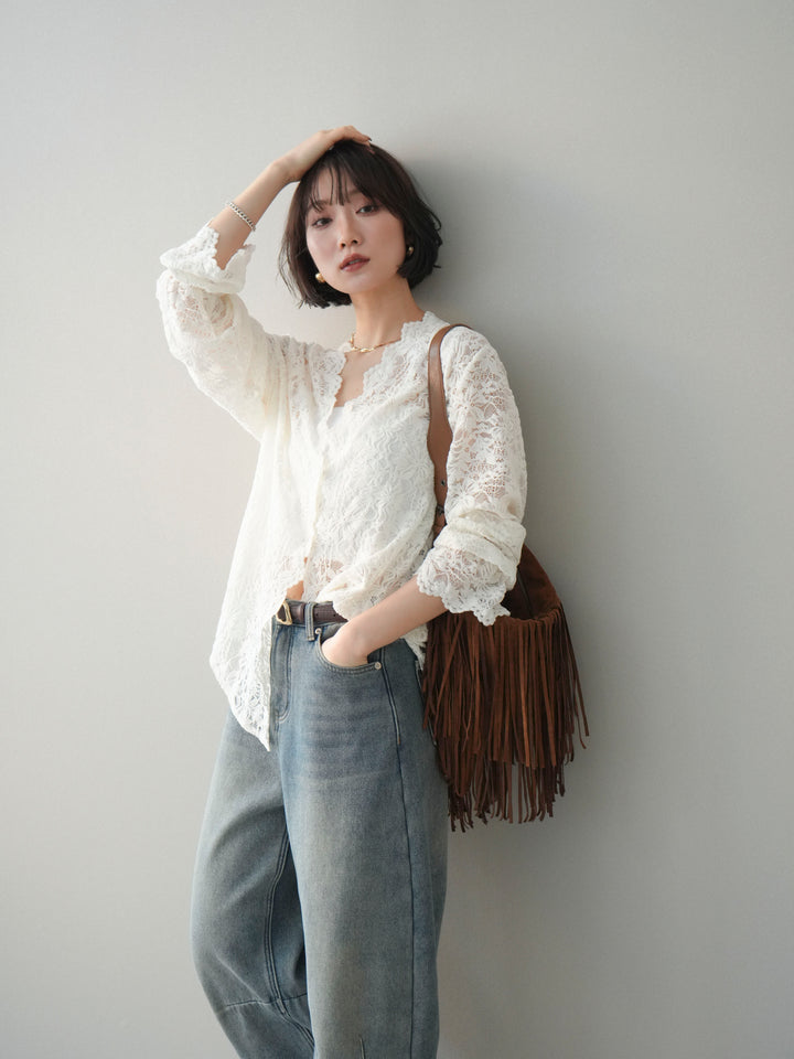 [SET]Vネックレースブラウス+選べるアクセセット(2set)