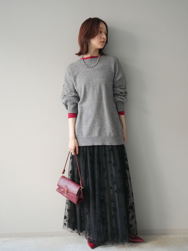 [SET]ヘンリーネック配色レイヤードニットプルオーバー+フラワーフロッキーチュールプリーツスカート(2set)