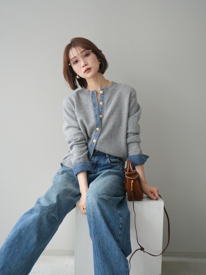 [SET]クルーネックデニムドッキングニットカーディガン+選べるアクセセット(2set)