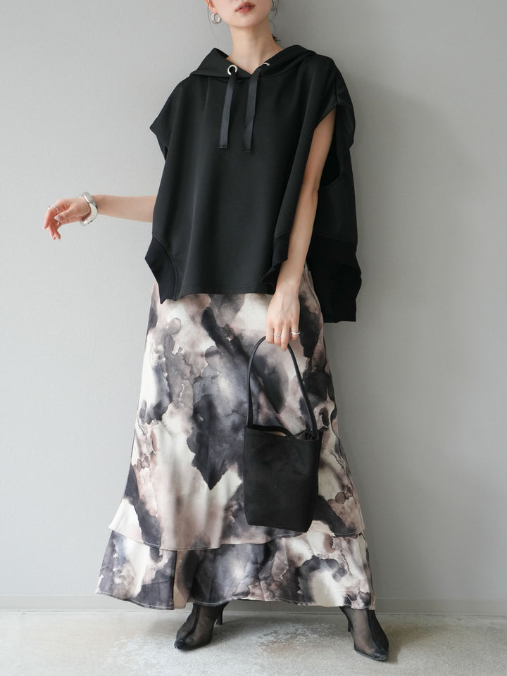 [SET]アシンメトリードルマンバックZIPフーディー+ニュアンスサテンフリルスカート(2set)