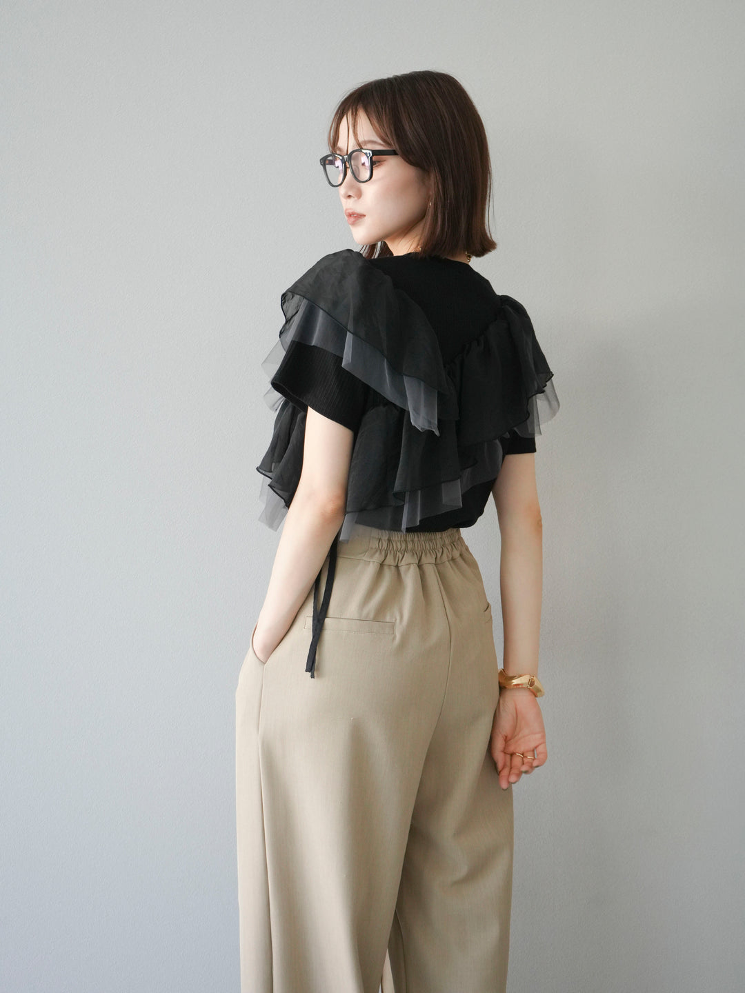 [予約]アシメフリルドッキングカットソー/ブラック