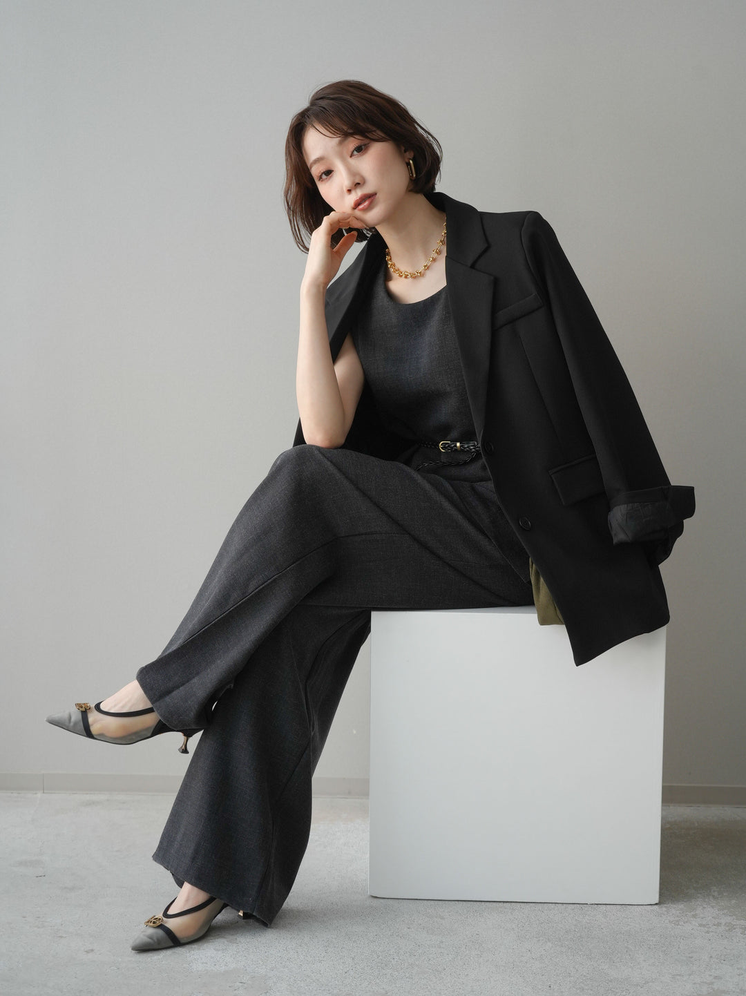 [SET]ベルト付ノースリーブトップス＆ワイドパンツSETUP