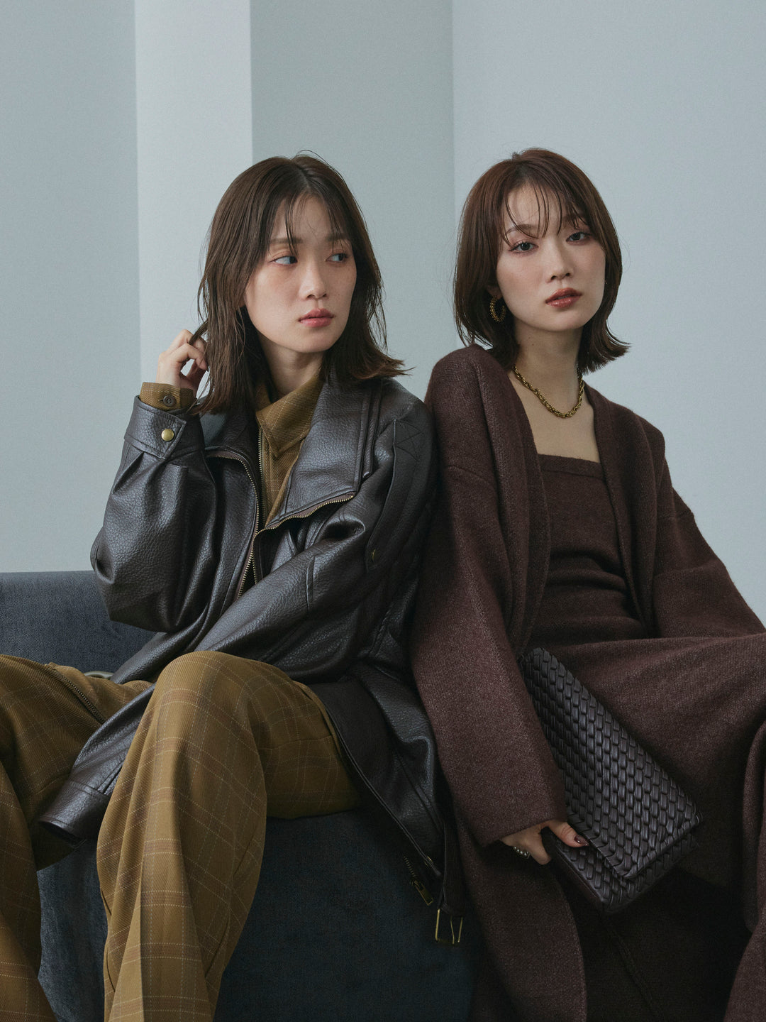 【Allure】[SET]スタンドカラーレザーブルゾン+杢チェックタックパンツ(2set)