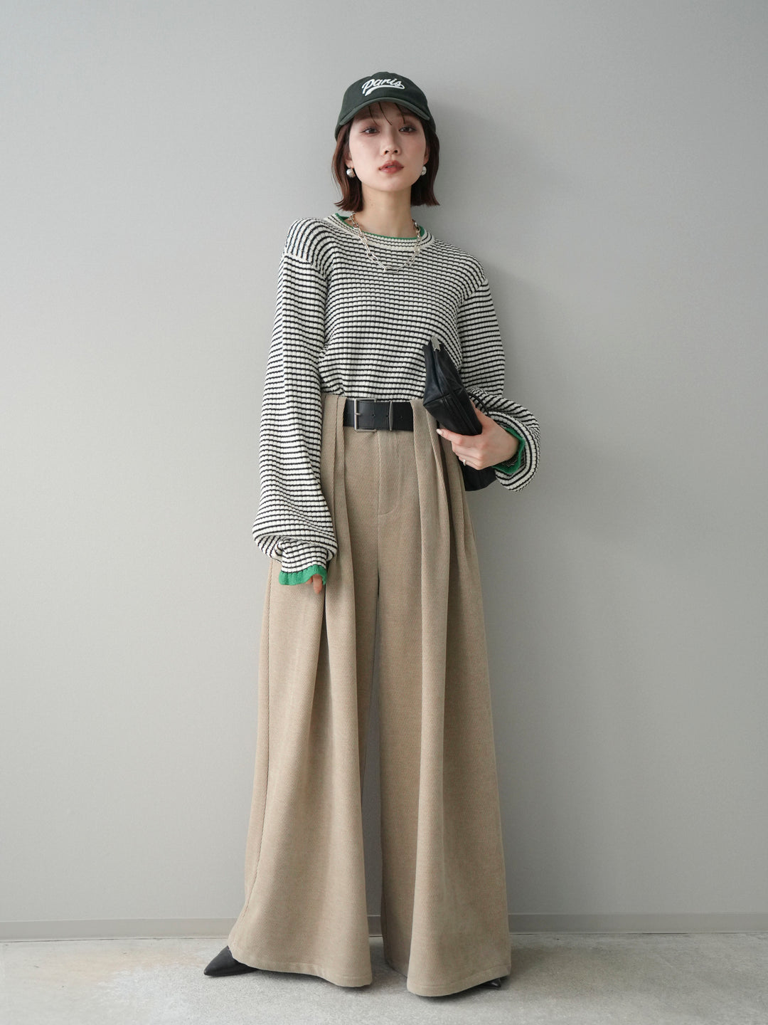 [SET]ラメ異素材ボーダーリブニットプルオーバー+ベルトデザインループコールテンワイドパンツ(ベルト付き)(2set)