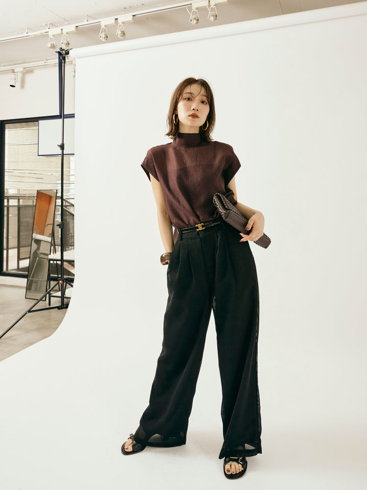 【Allure】[SET]シャイニーシアーブラウス+メッシュタックワイドパンツ(2set)