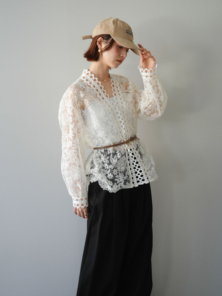 [予約]カットワークレースシアーブラウス/white