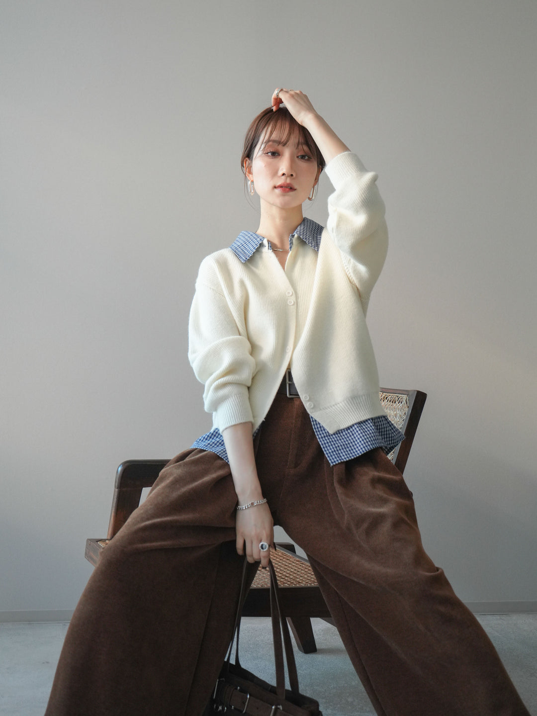 [SET]チェックシャツ襟ニットカーディガン+ベルトデザインループコールテンワイドパンツ(ベルト付き)(2set)