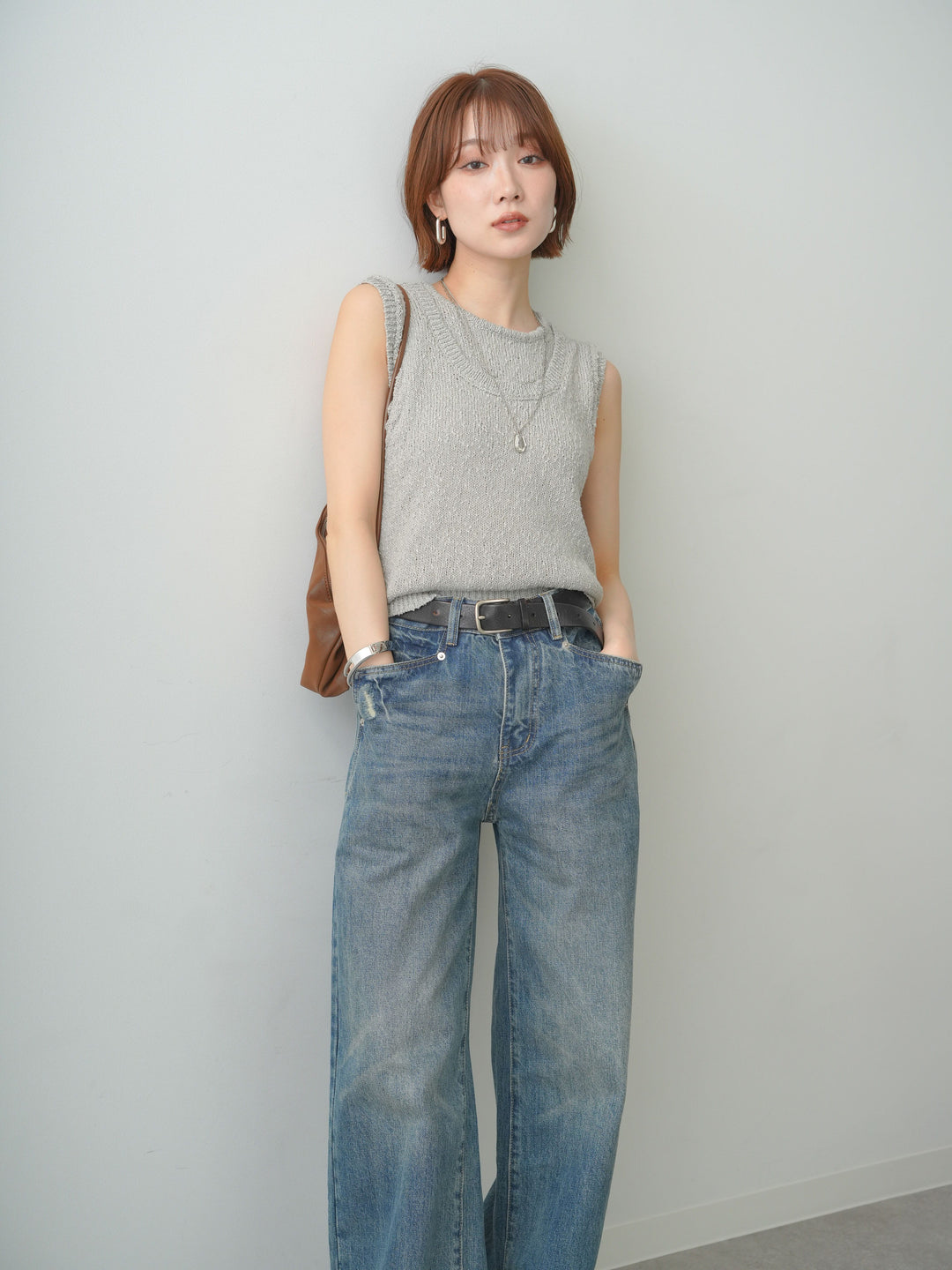 [予約]アウトリンキングノースリニットトップス/gray
