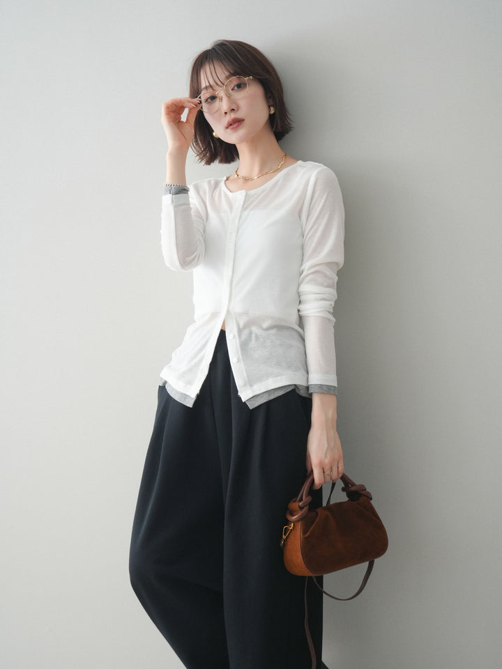 [予約]シアーリブバイカラーカーディガン/white