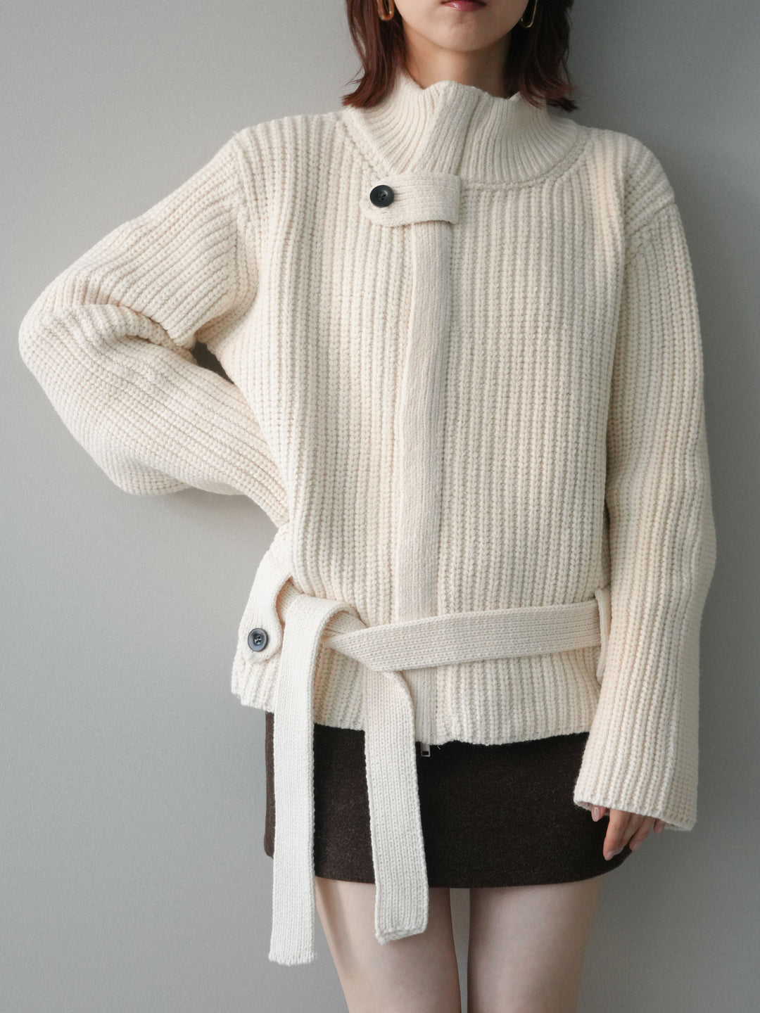 [SET]畦編みボトルネックZIPニットカーディガン+ウールタッチベルト付ミニスカート(2set)