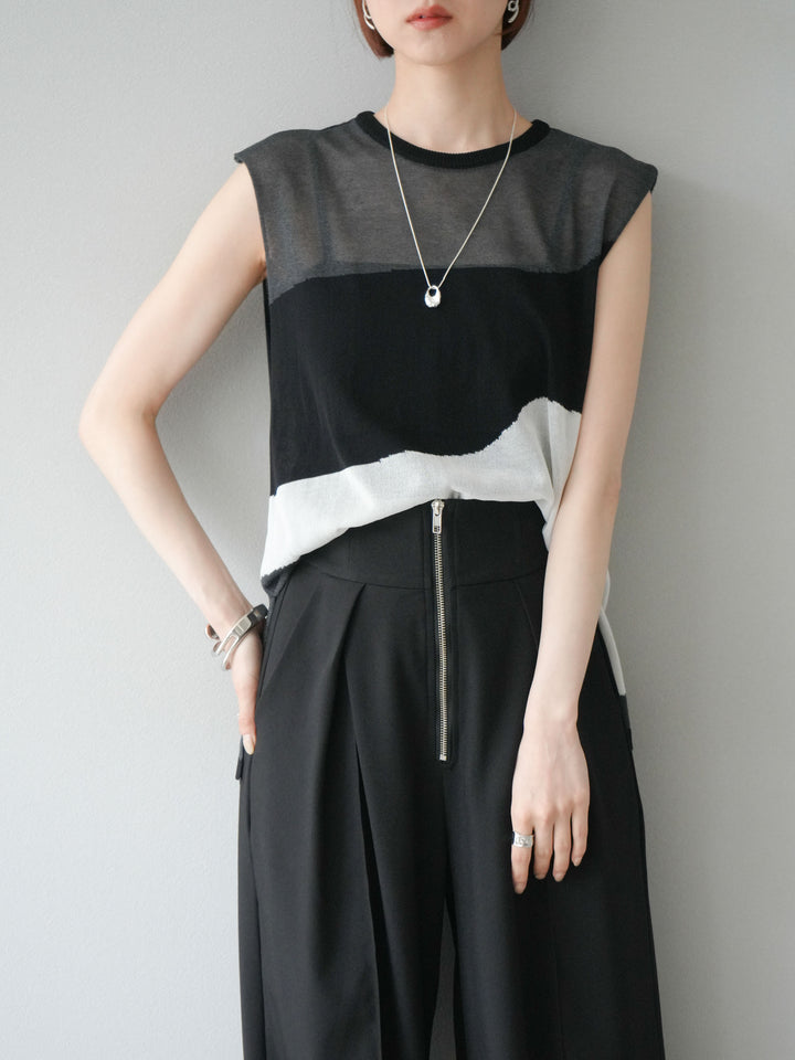 [SET]バイカラーシアーニットノースリーブ+ジップタックワイドパンツ(2set)