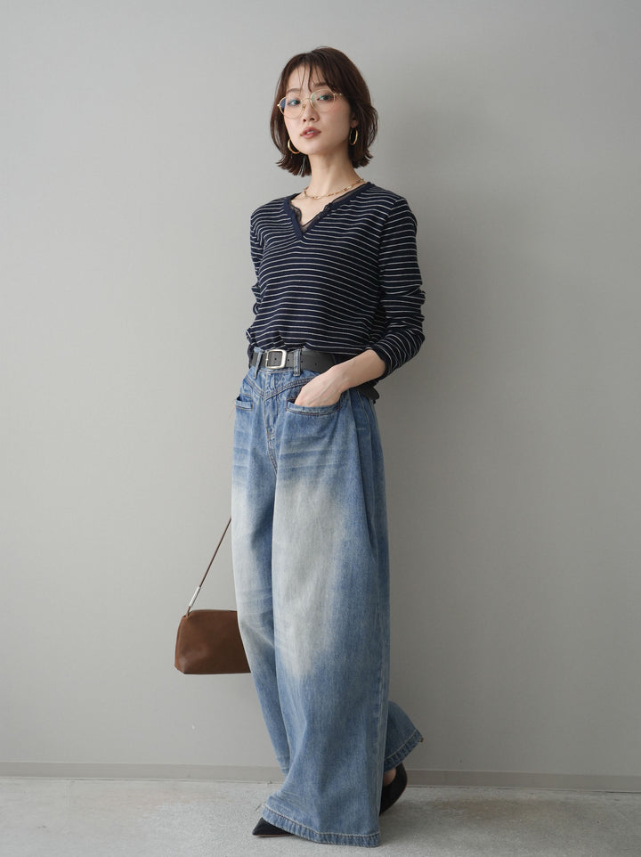 [SET]チュールレイヤードデザインボーダーニットトップス+フロントポケットサイドタックワイドデニム(2set)