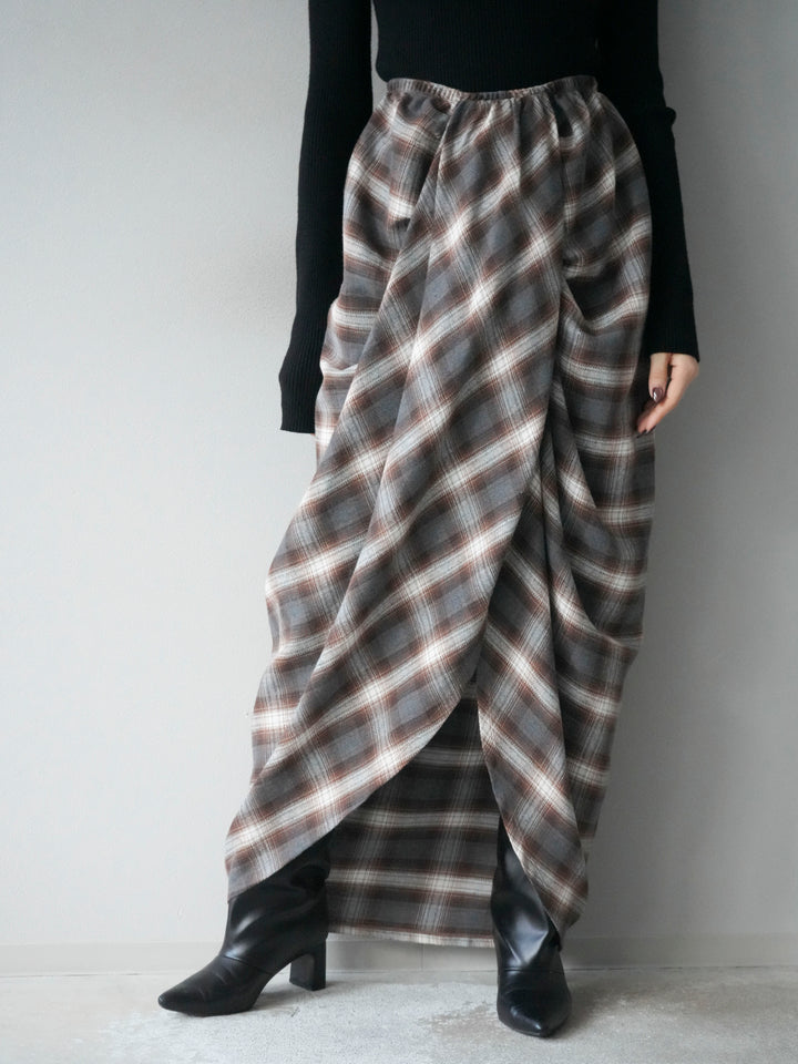 [予約]タックデザインチェックスカート/ブラウン