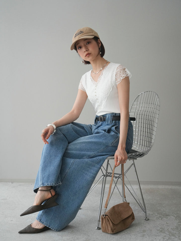 [予約]パールボタンレース切替ニットトップス/white