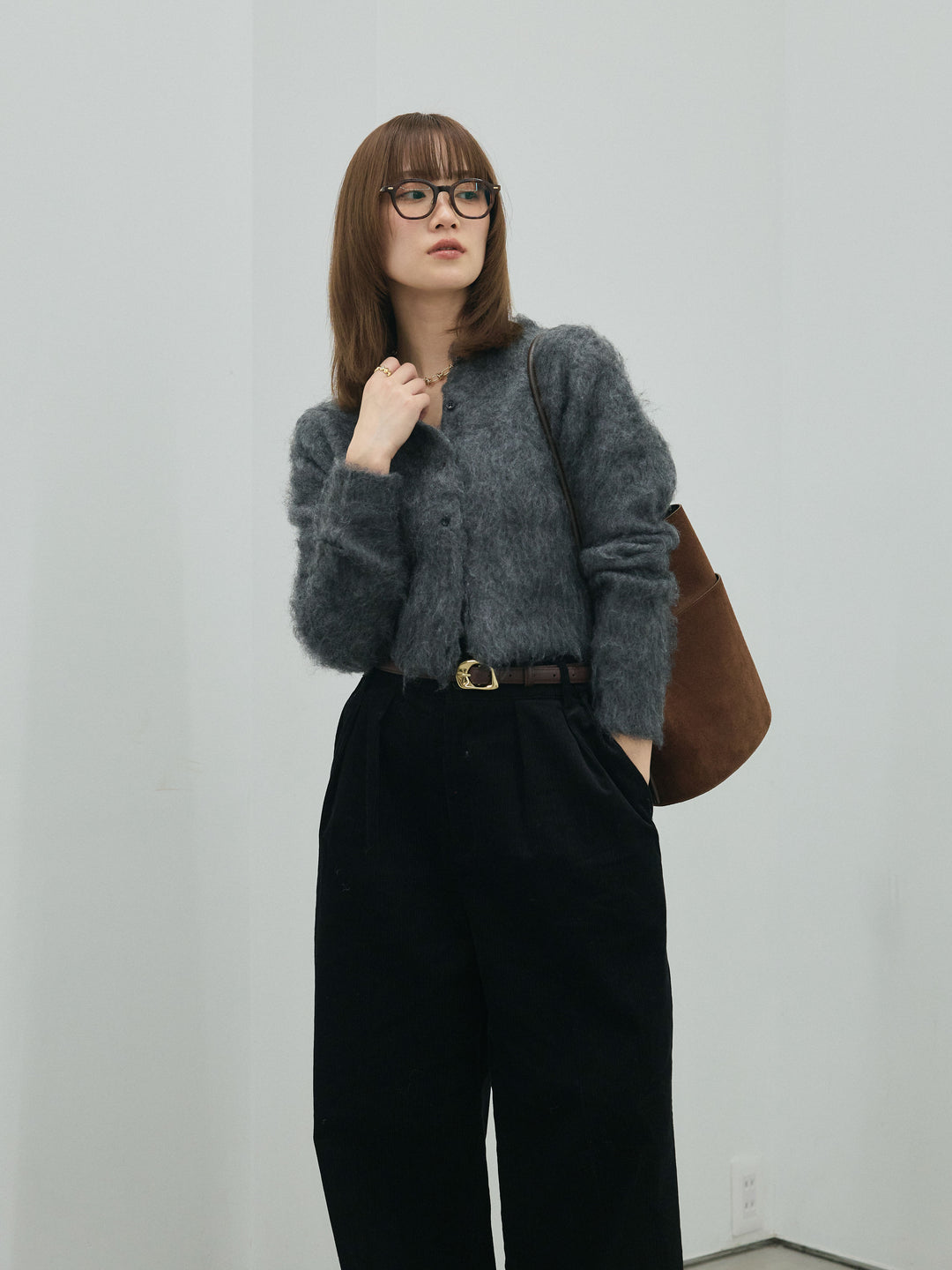 [予約]モヘアタッチクロップドニットプルオーバー/charcoal