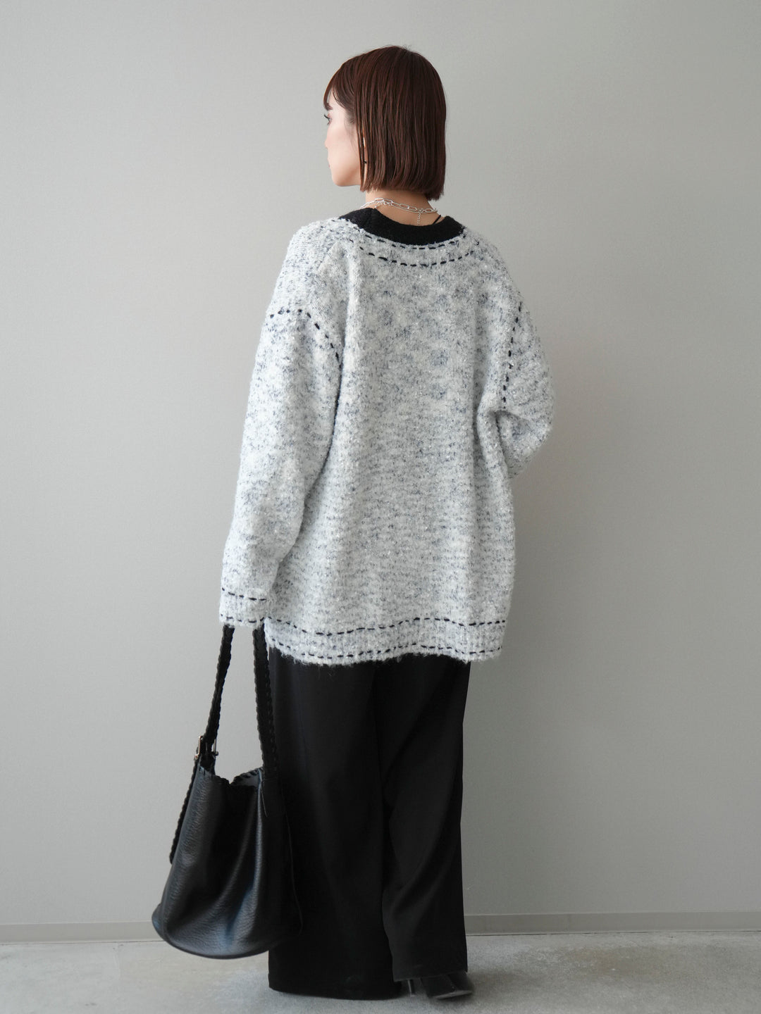 [SET]ブークレハンドステッチニットカーディガン+ベルトループデザインワイドパンツ(2set)