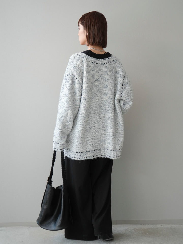 [SET]ブークレハンドステッチニットカーディガン+ベルトループデザインワイドパンツ(2set)