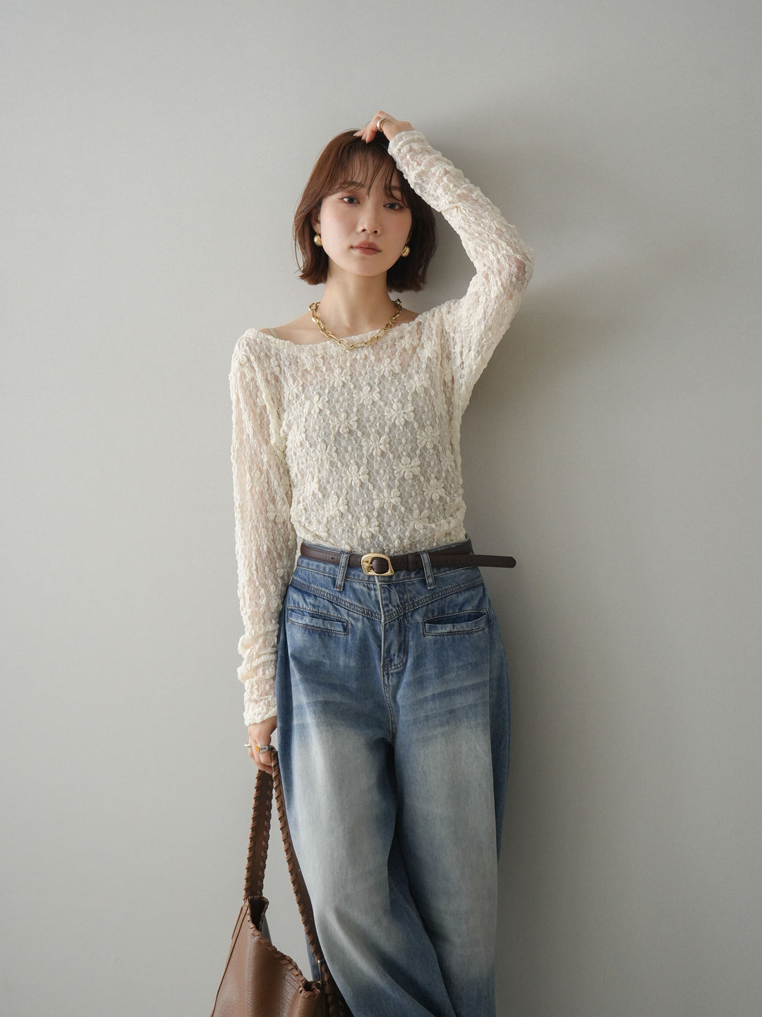 [SET]サイドギャザーレーストップス+フロントポケットサイドタックワイドデニム(2set)