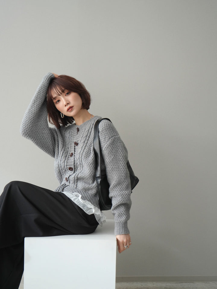 [予約]裾レースケーブルニットカーディガン/gray