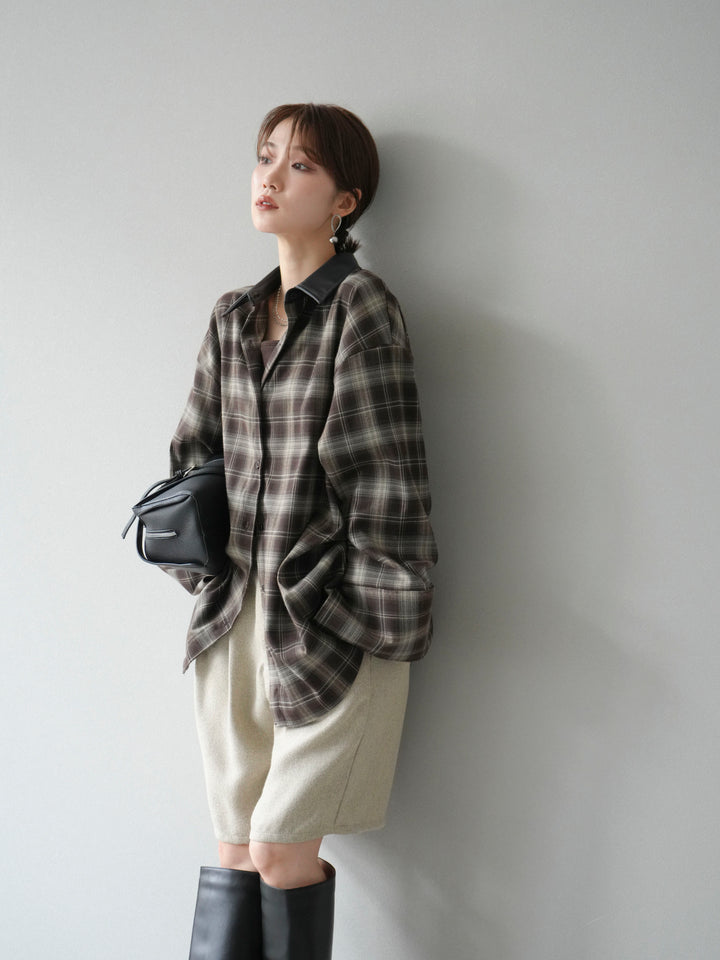 [SET]レザー襟オンブレチェックオーバーシャツ +ツイードハーフパンツ(2set)