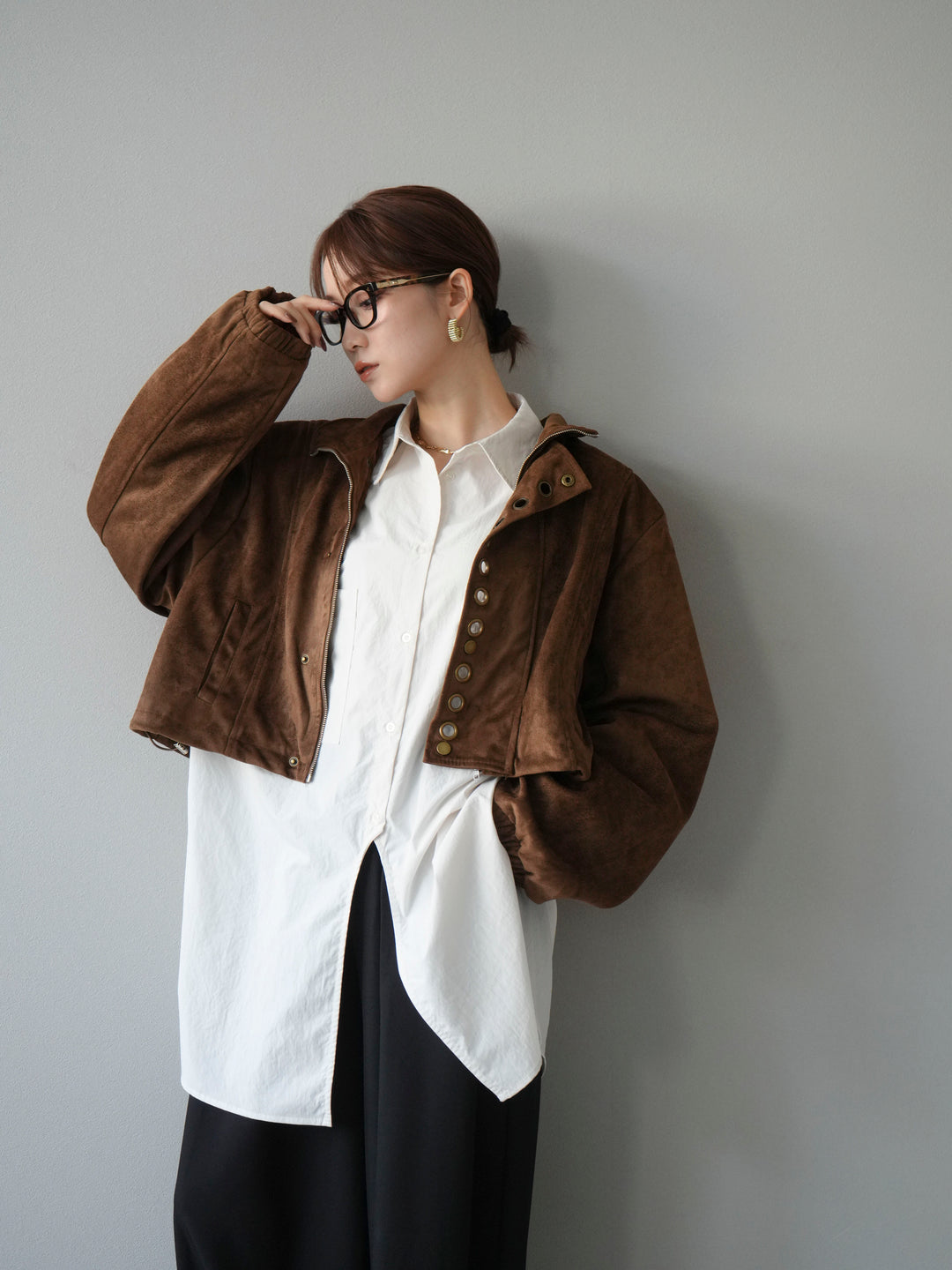 [予約]パンチングデザインスエードショートジャケット/ブラウン