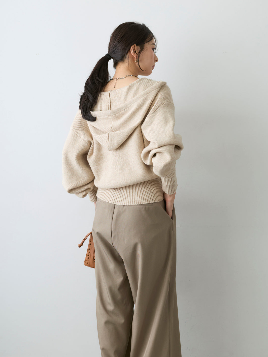 [予約]メランジボリュームスリーブフードニットカーディガン/beige