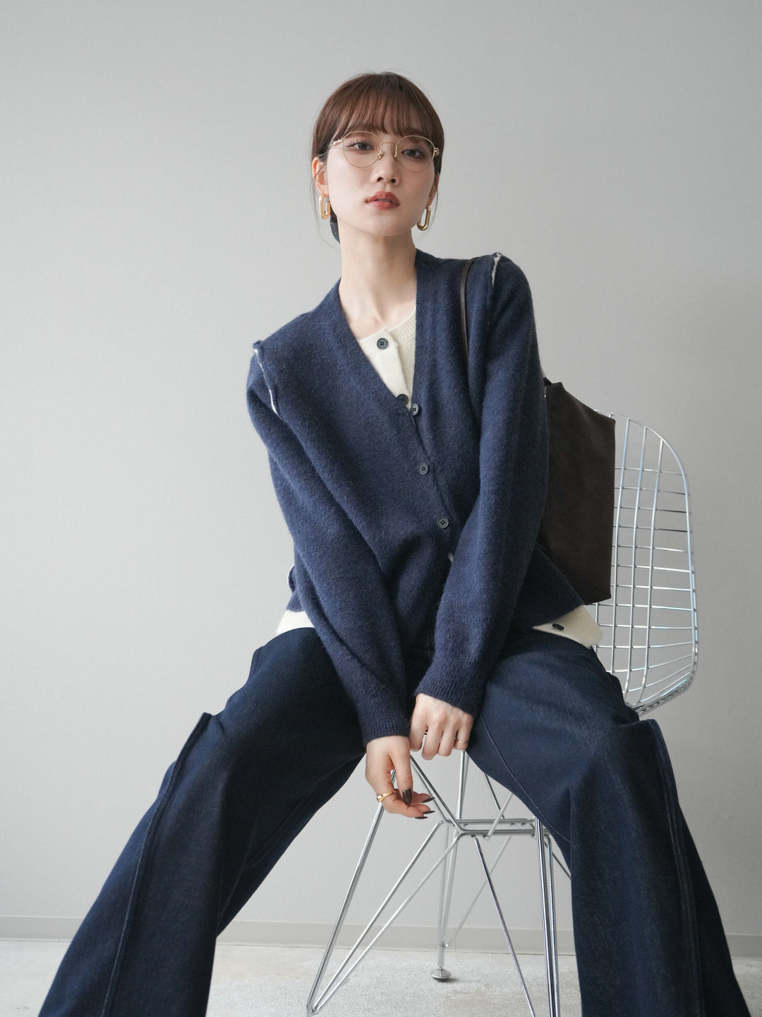 [予約]配色レイヤードニットカーディガン/navy