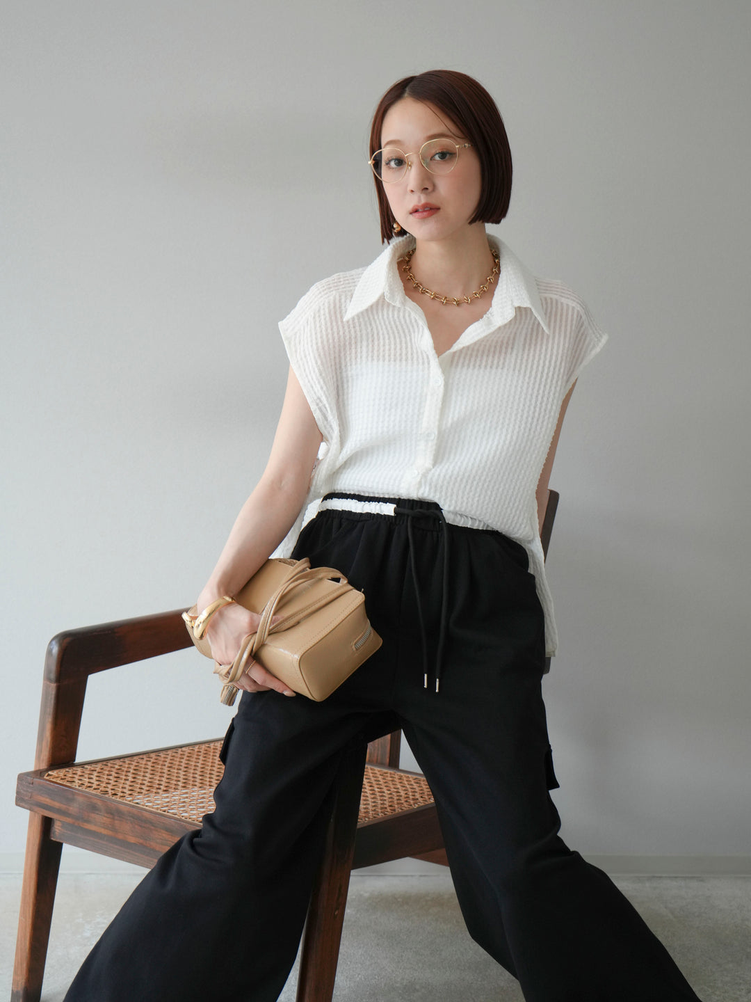 [予約]シアーチェックノースリーブシャツ/ホワイト