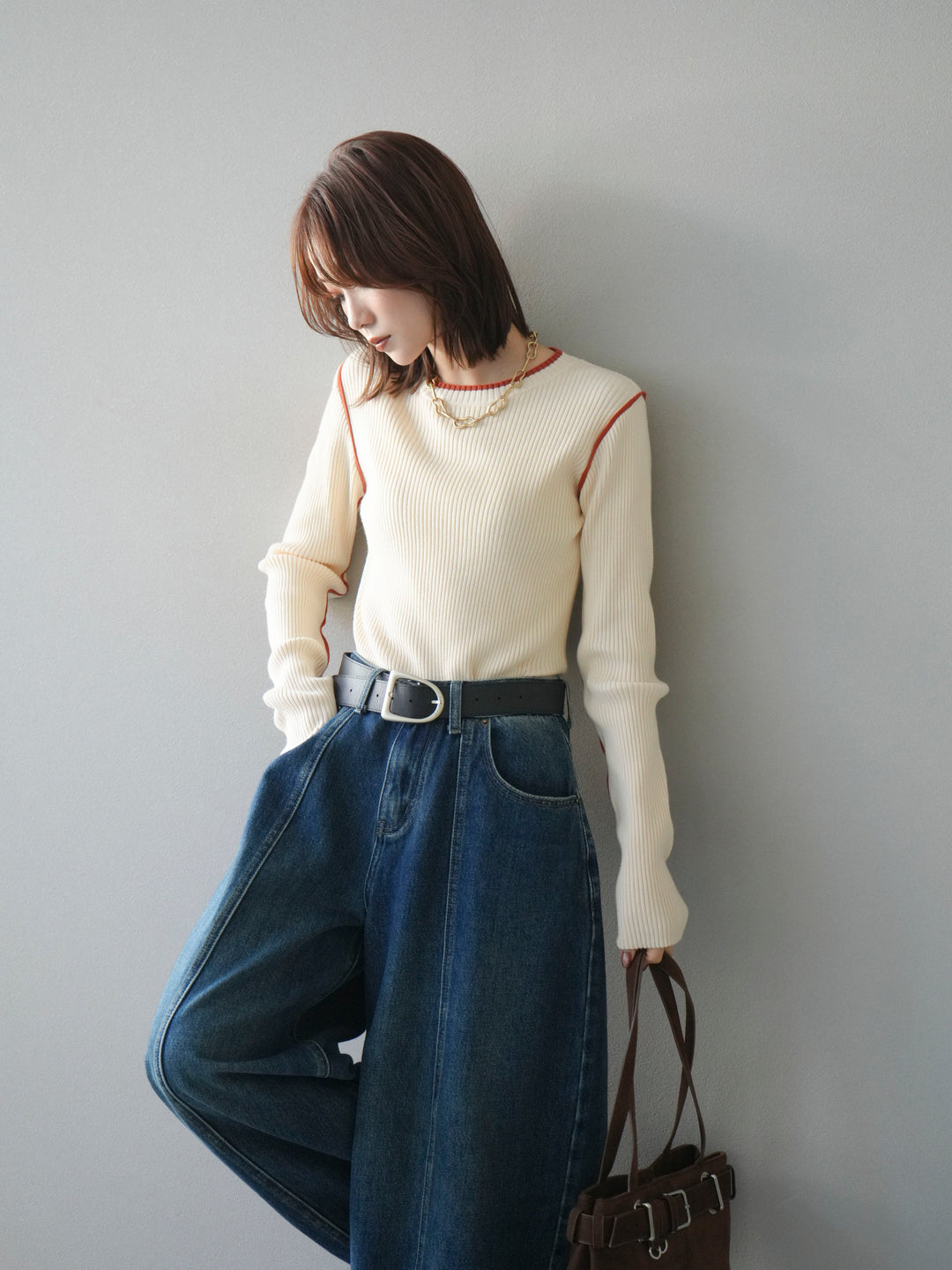 [予約]バイカラークルーネックリブニットトップス/ivory