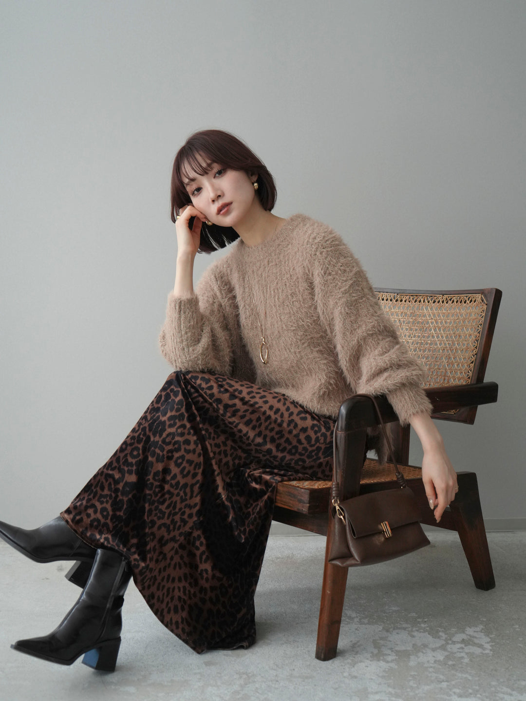 [予約]ボリュームスリーブシャギー MIXニットプルオーバー/brown