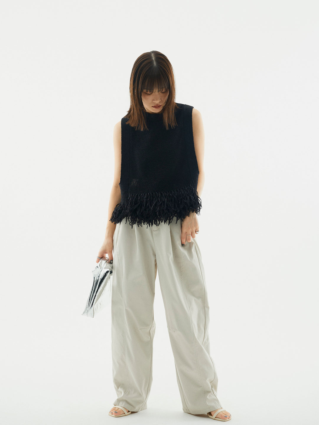 【Allure】[SET]フェザーヤーンニットベスト+タフタワイドカーブパンツ(2set)