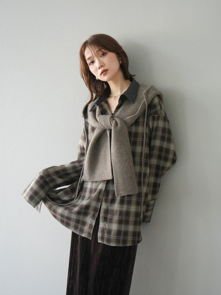 [SET]レザー襟オンブレチェックオーバーシャツ +クラッシュベロアナロースカート(2set)