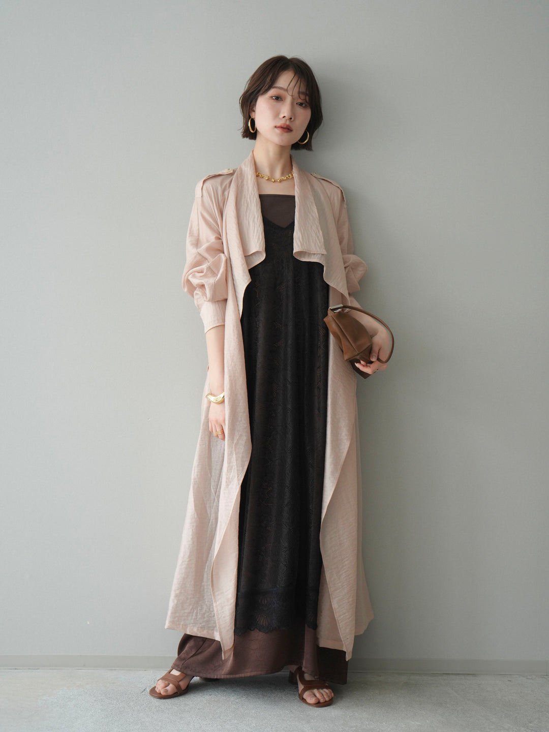 [予約]サテンレースレイヤードキャミワンピース/brown