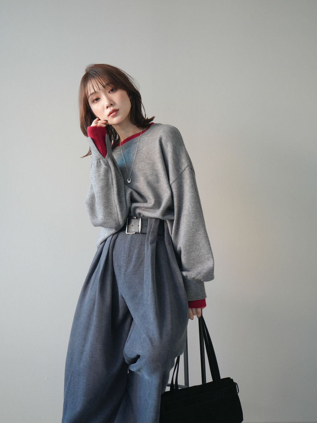 [予約]ヘンリーネック配色レイヤードニットプルオーバー/middlegray