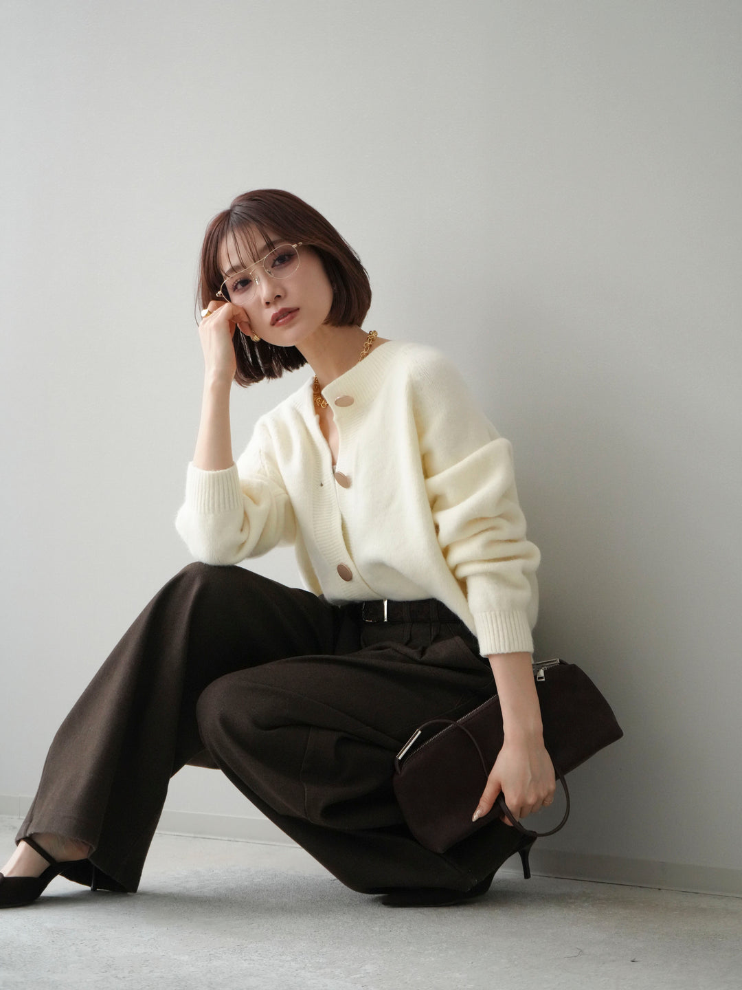 [SET]BIGボタンニットカーディガン+アニマル柄ベルト付きウールタッチワイドパンツ(2set)