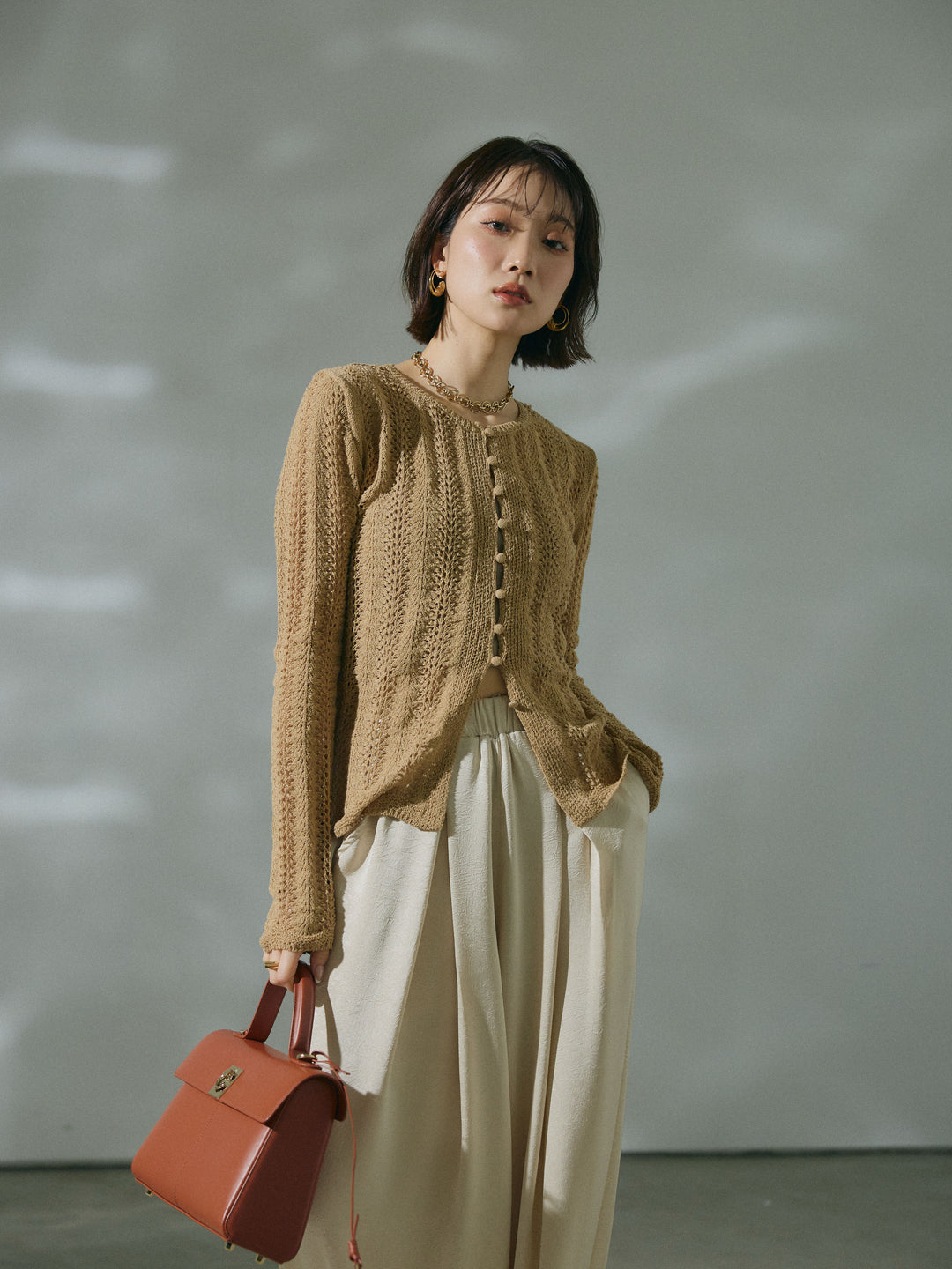 [予約]透かし編みニットカーディガントップス/beige