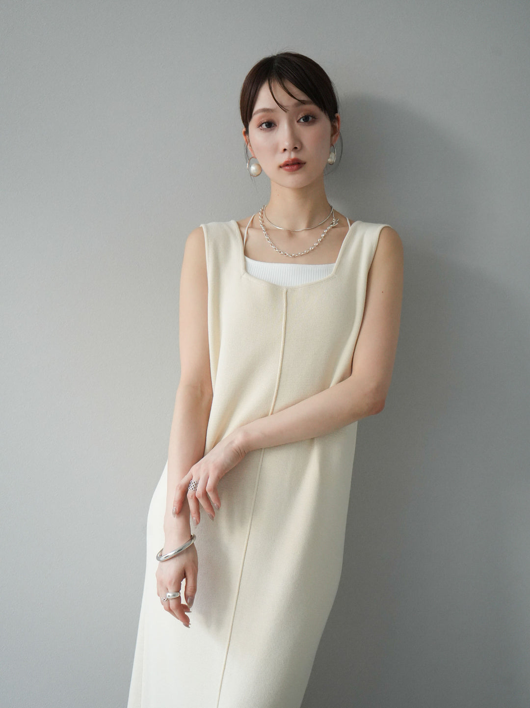 [予約]スクエアネックニットワンピース/アイボリー