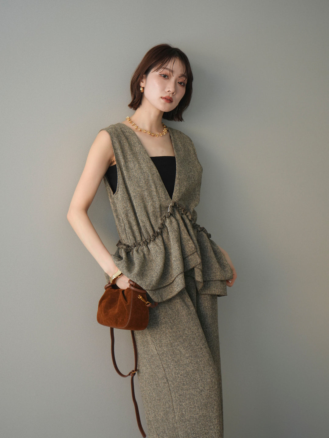 [SET]3WAYミックスツイードギャザーオールインワン+選べるアクセセット(2set)