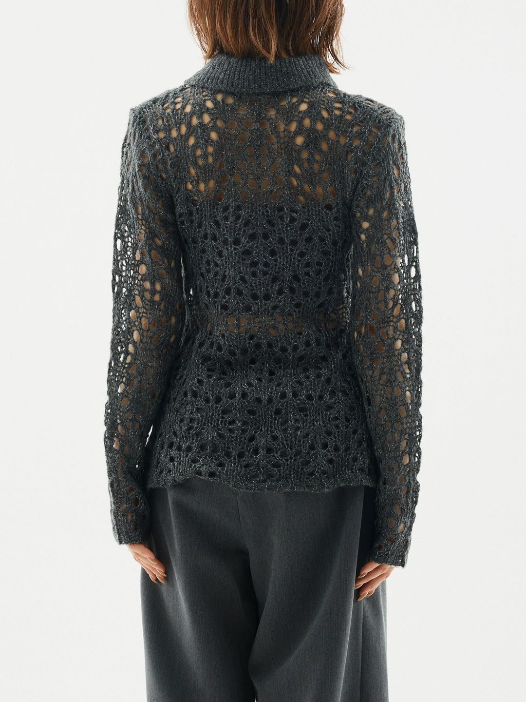 [予約]ローゲージ透かし編みポロニッカーディガン/チャコール