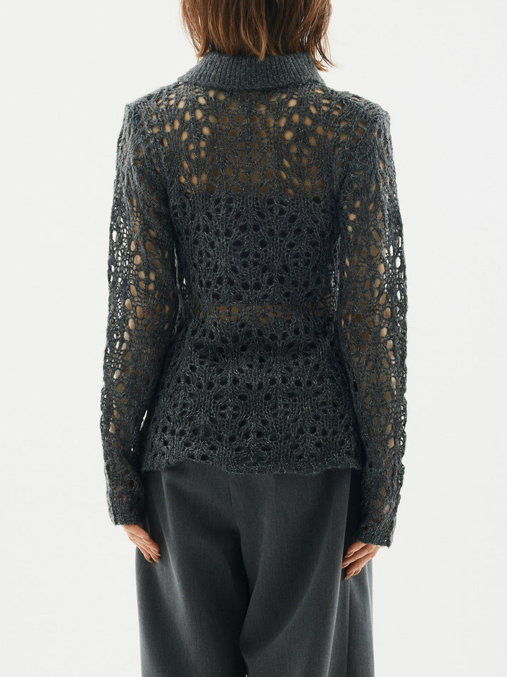 [予約]ローゲージ透かし編みポロニッカーディガン/チャコール